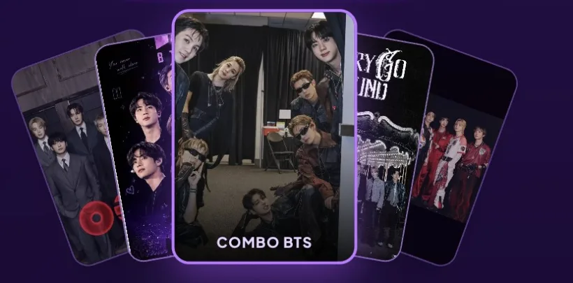 Leque de photocards do Combo BTS com o card central em destaque