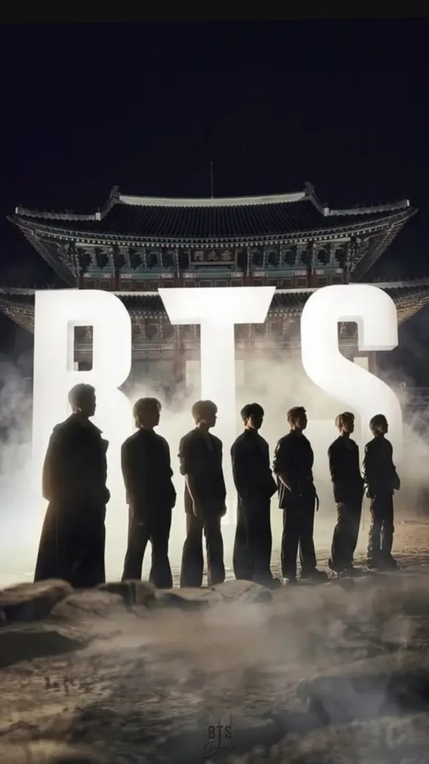 BTS em estética noturna e dourada, edição Bruxelas