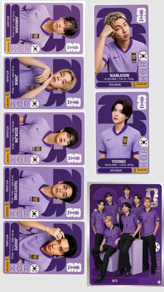 Prancha de photocards do BTS no estilo álbum de figurinhas, com os sete membros de uniforme roxo