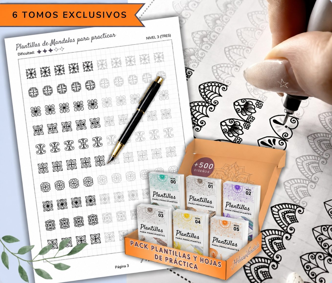 Pack completo de Mandalas: caja con los 6 tomos y hoja de práctica de mandalas
